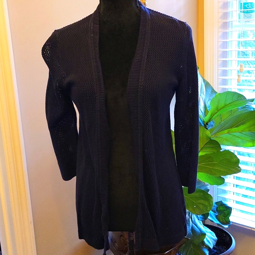 Talbots navy blue open weave open front cardigan 3/4 sleeve 100% cotton S EUC …